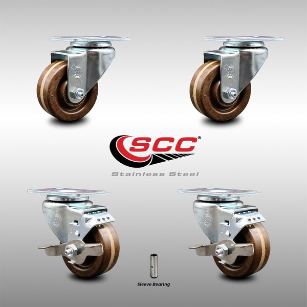 3 Inch SS High Temp Phenolic Swivel Top Plate Caster Set with 2 Brakes SCC